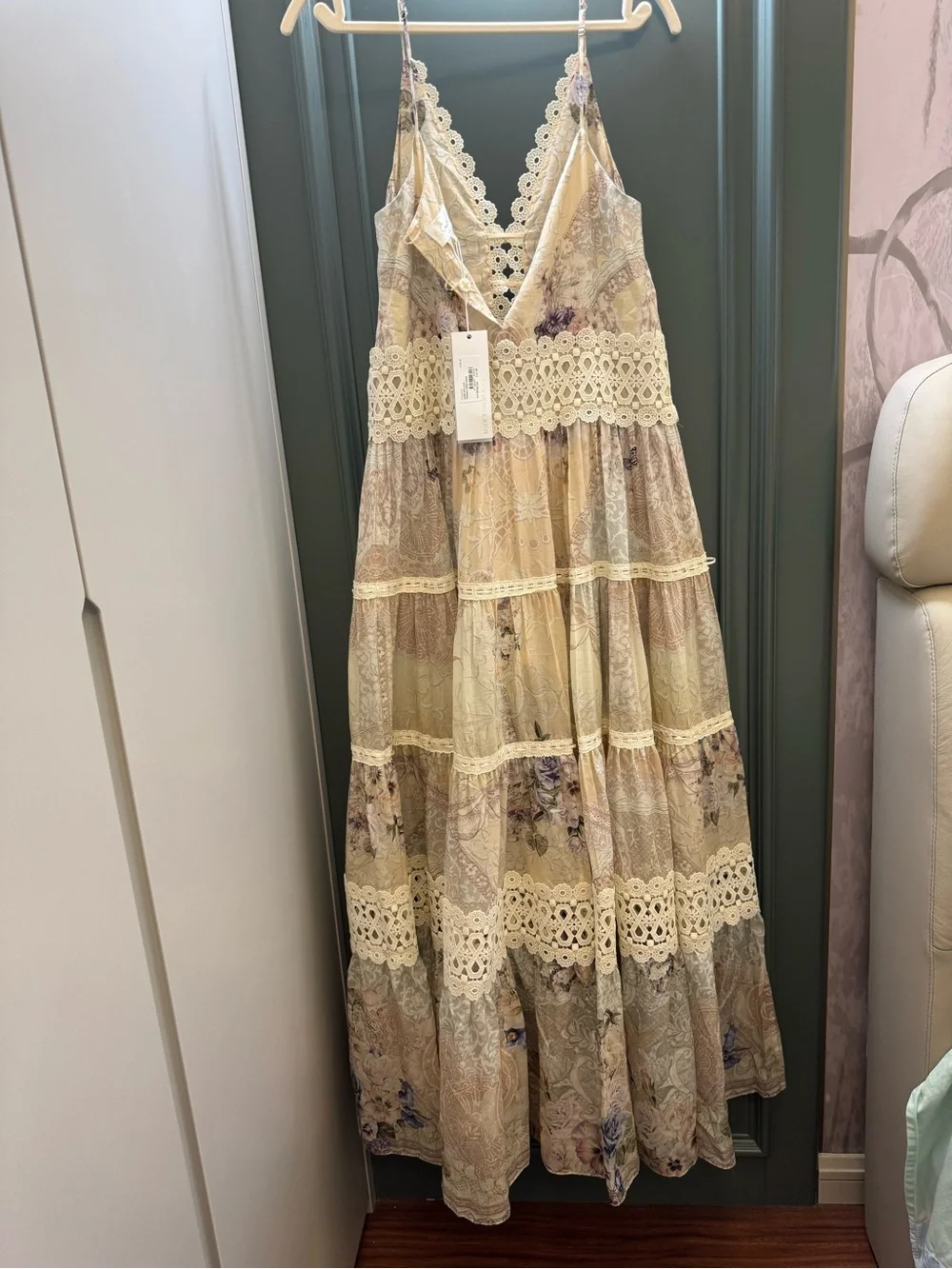 Camilla Trapeze Tired Dress. Cream Floral Lace Maxi Dress - Picture 9 of 10